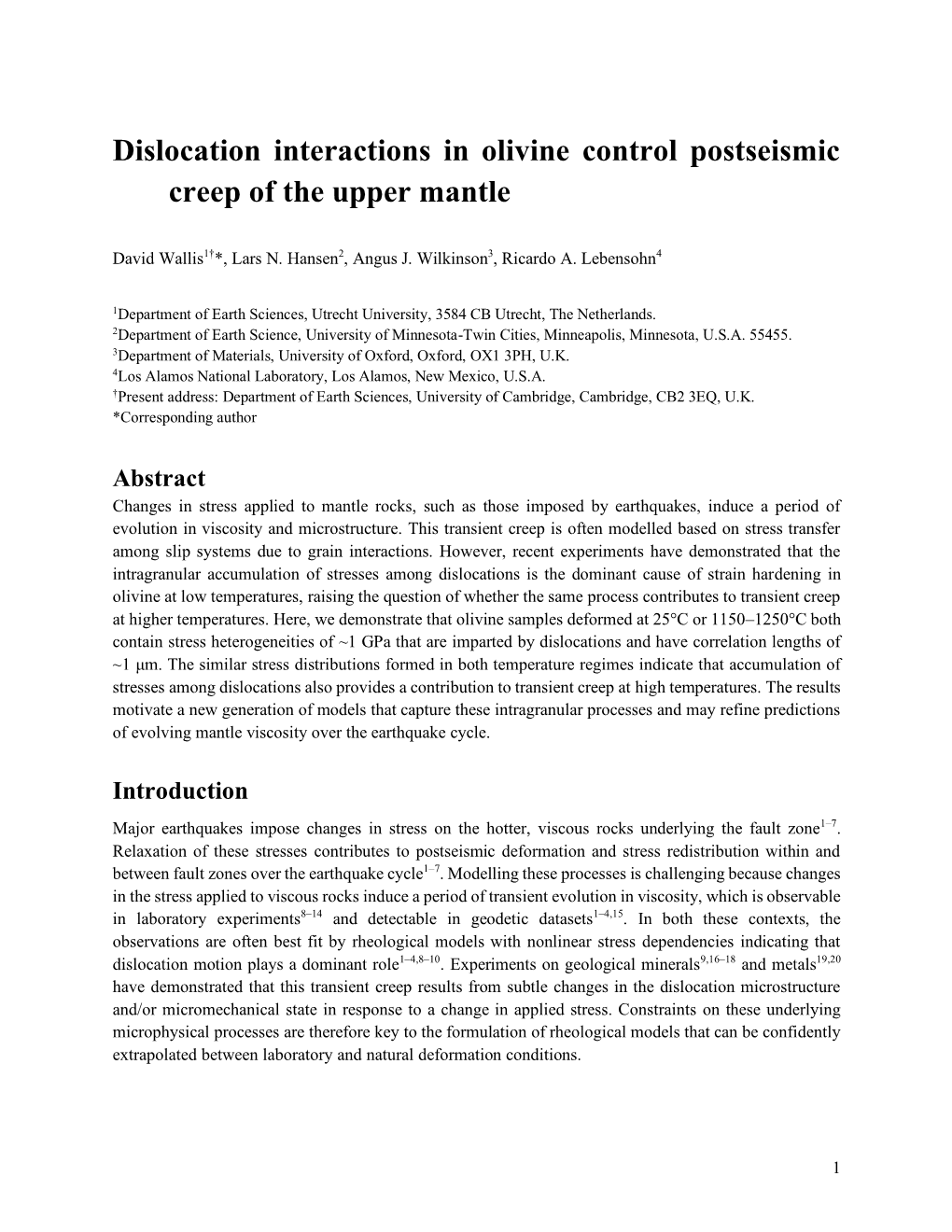 Dislocation Interactions in Olivine Control Postseismic Creep of the Upper Mantle