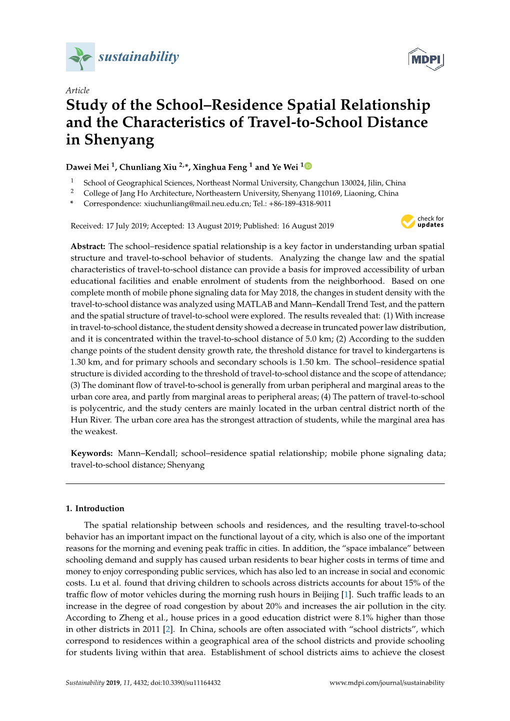 Study of the School–Residence Spatial Relationship and the Characteristics of Travel-To-School Distance in Shenyang