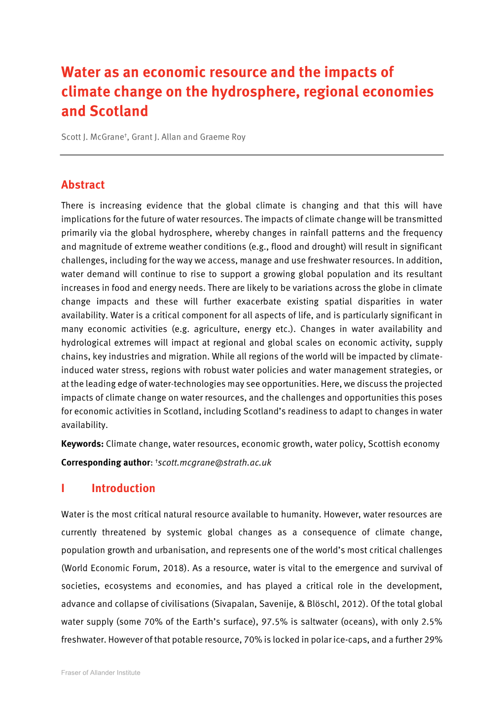 Water As an Economic Resource and the Impacts of Climate Change on the Hydrosphere, Regional Economies and Scotland