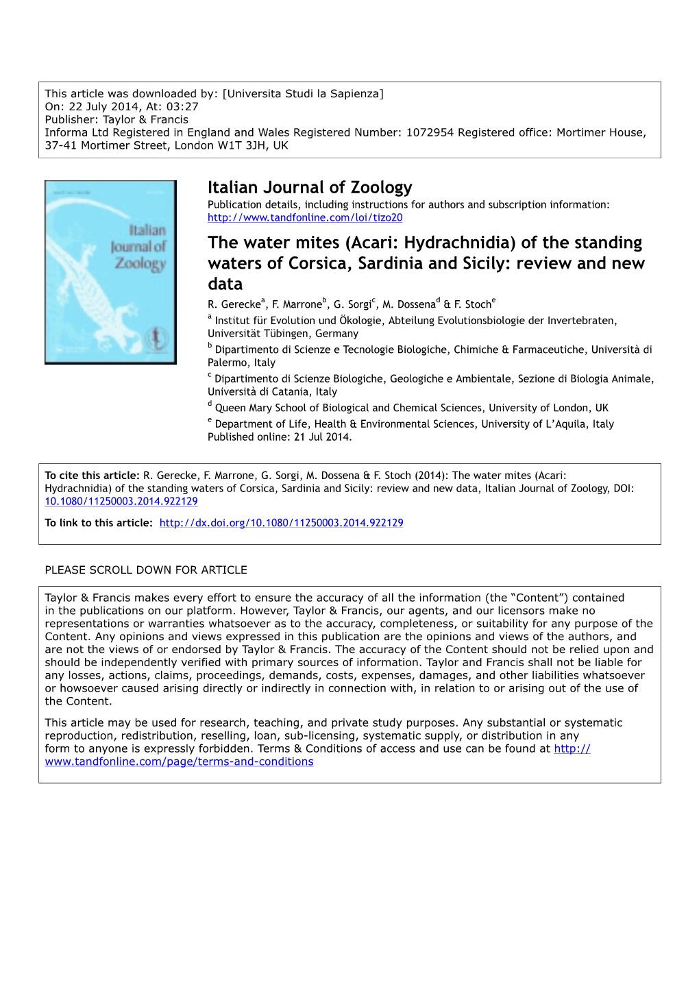 (Acari: Hydrachnidia) of the Standing Waters of Corsica, Sardinia and Sicily: Review and New Data R