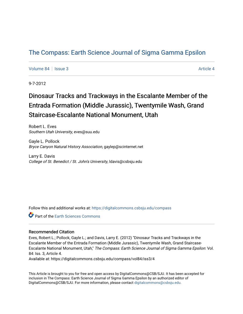 Dinosaur Tracks and Trackways in the Escalante Member of the Entrada Formation (Middle Jurassic), Twentymile Wash, Grand Staircase-Escalante National Monument, Utah