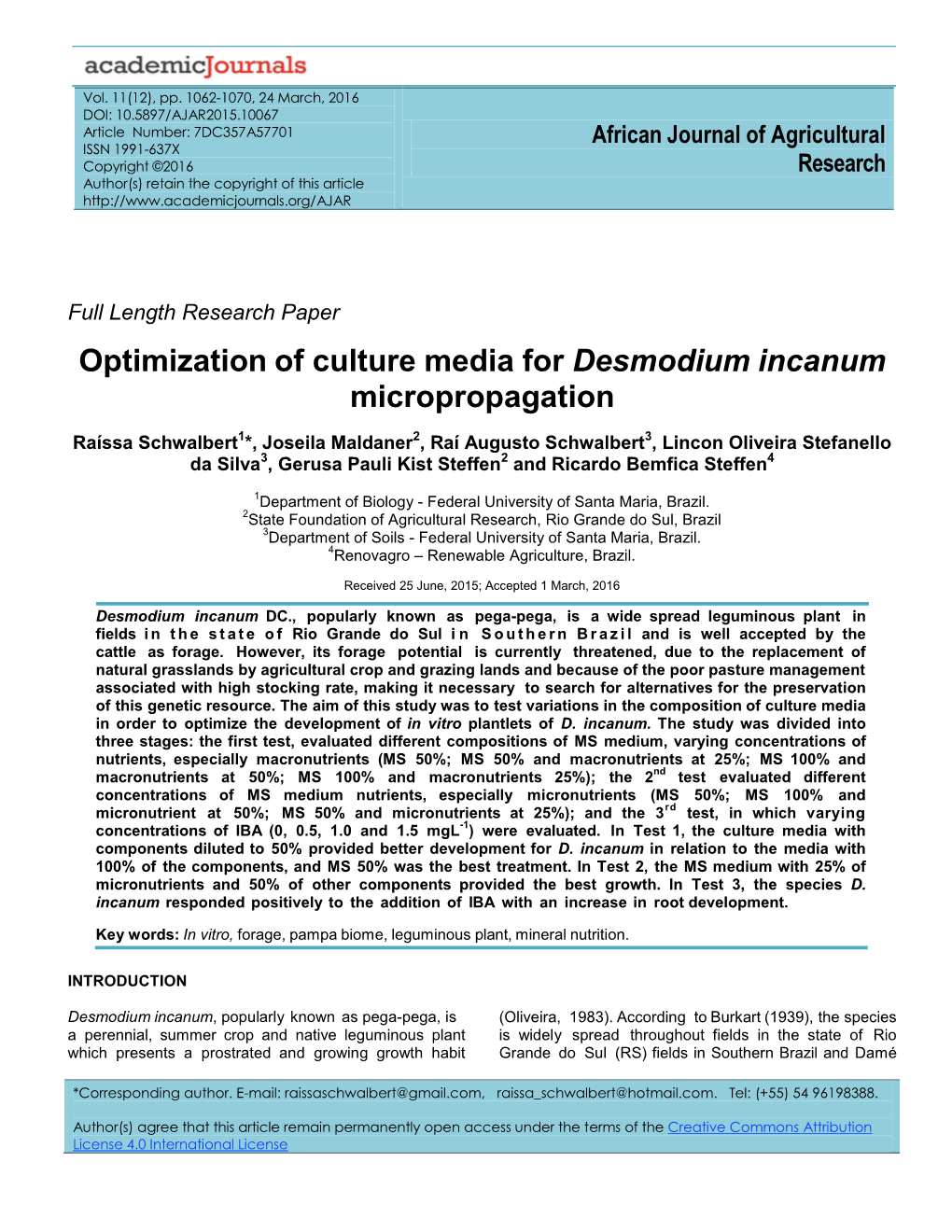 Optimization of Culture Media for Desmodium Incanum Micropropagation