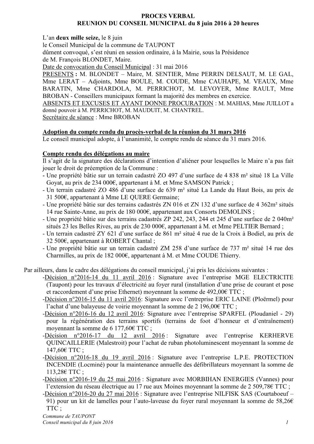 CONSEIL MUNICIPAL Du 8 Juin 2016 À 20 Heures