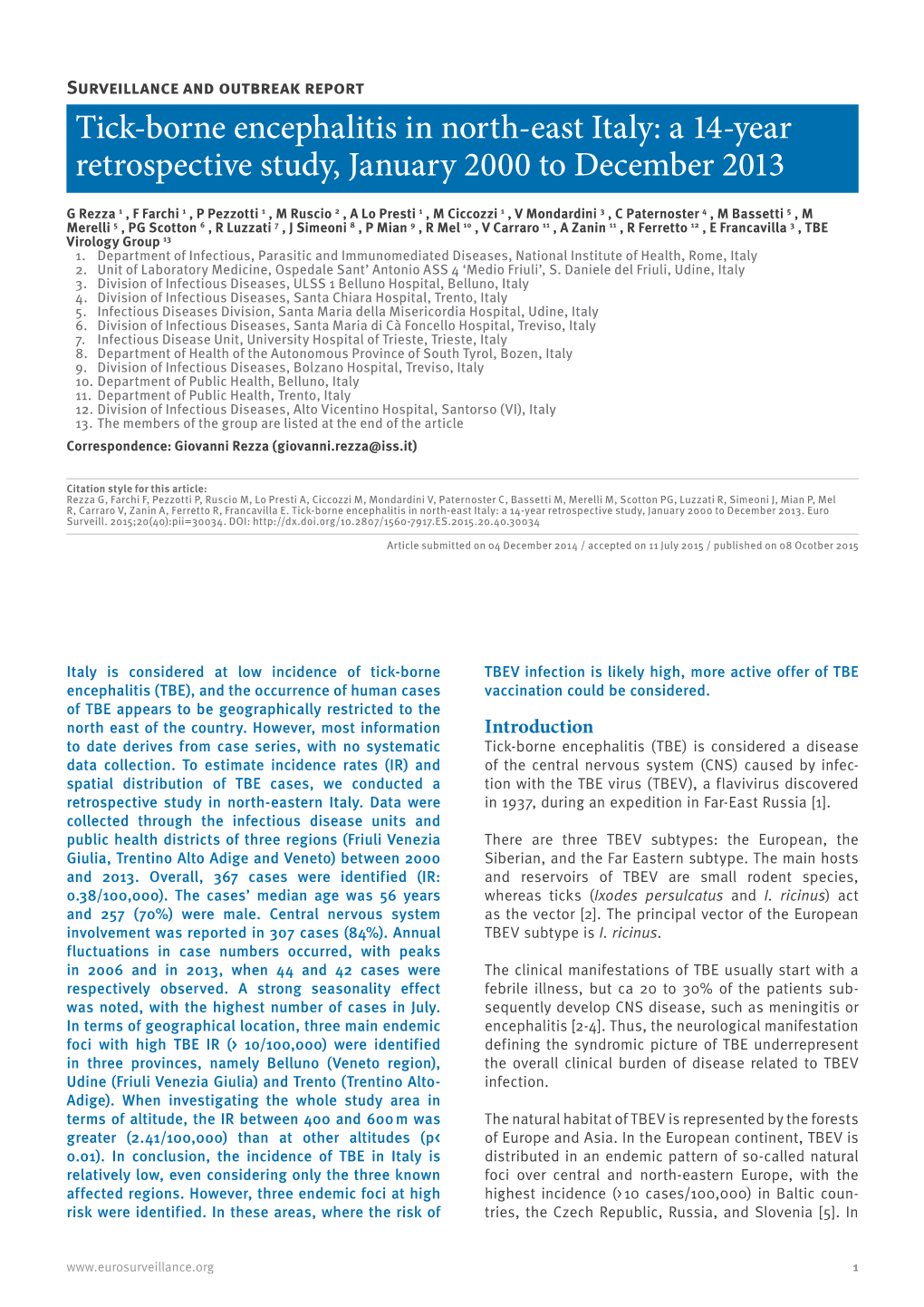 Tick-Borne Encephalitis in North-East Italy: a 14-Year Retrospective Study, January 2000 to December 2013