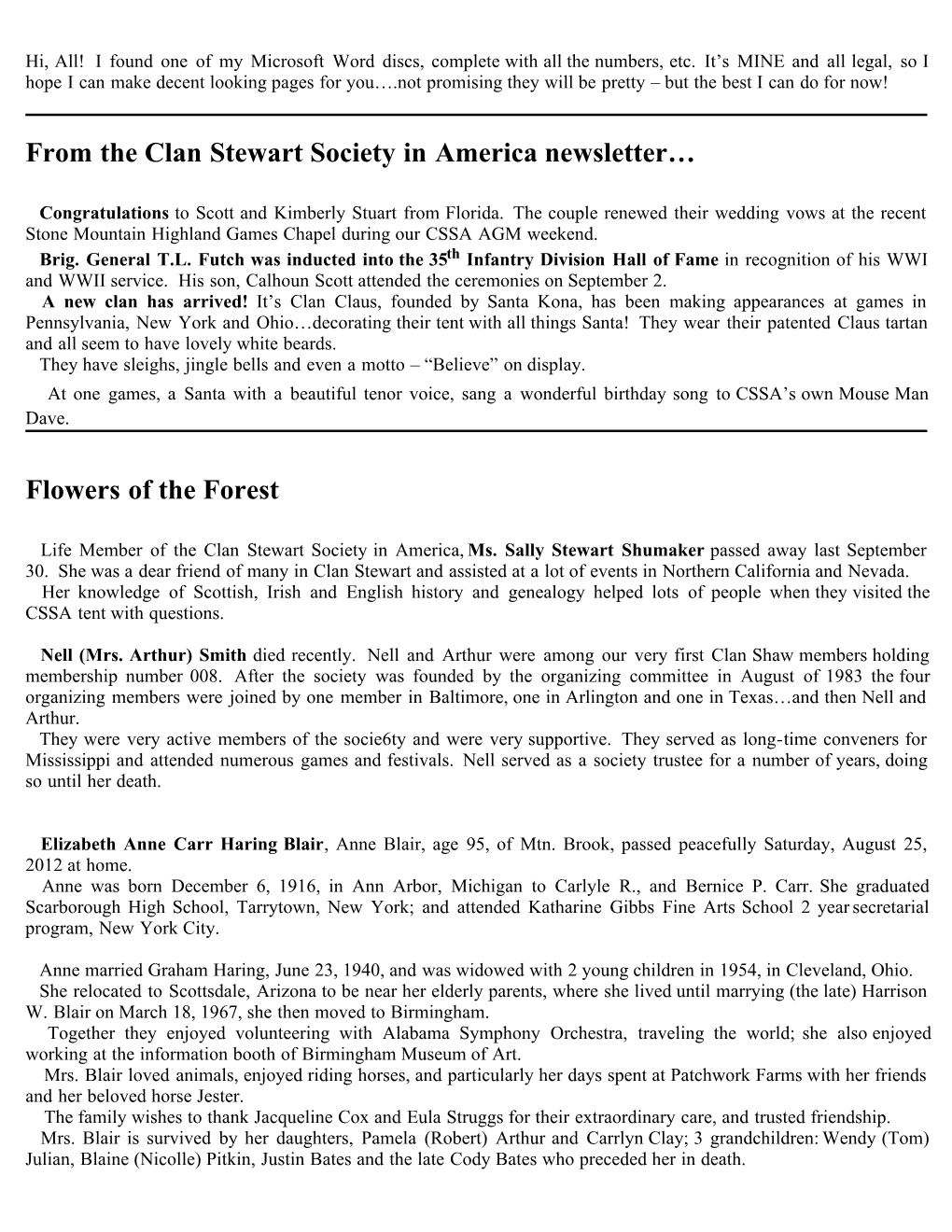 From the Clan Stewart Society in America Newsletter…