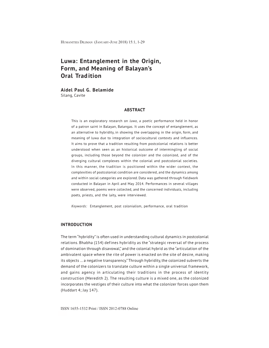 Luwa: Entanglement in the Origin, Form, and Meaning of Balayan’S Oral Tradition