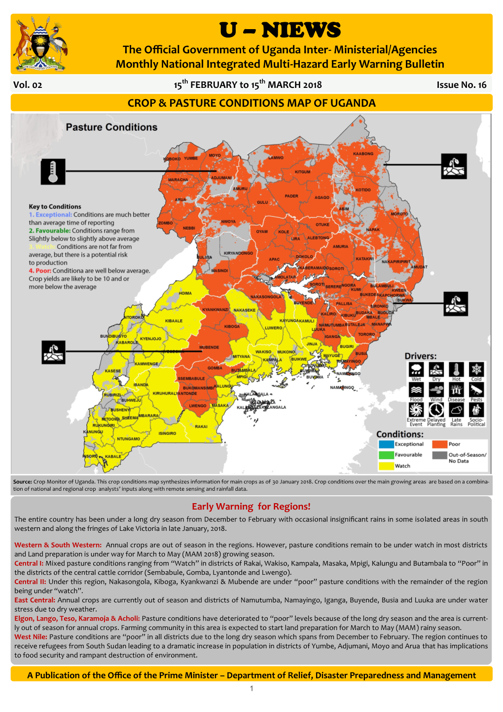 U – NIEWS the Official Government of Uganda Inter- Ministerial/Agencies Monthly National Integrated Multi-Hazard Early Warning Bulletin Vol