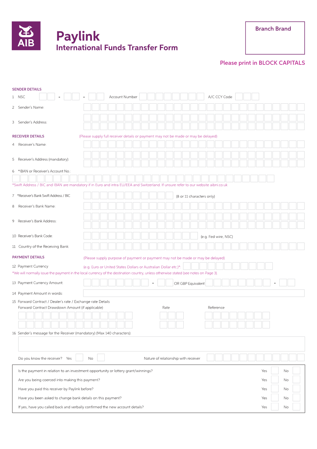 Paylink International Funds Transfer Form