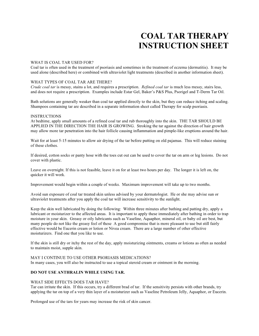 Coal Tar Therapy Instruction Sheet