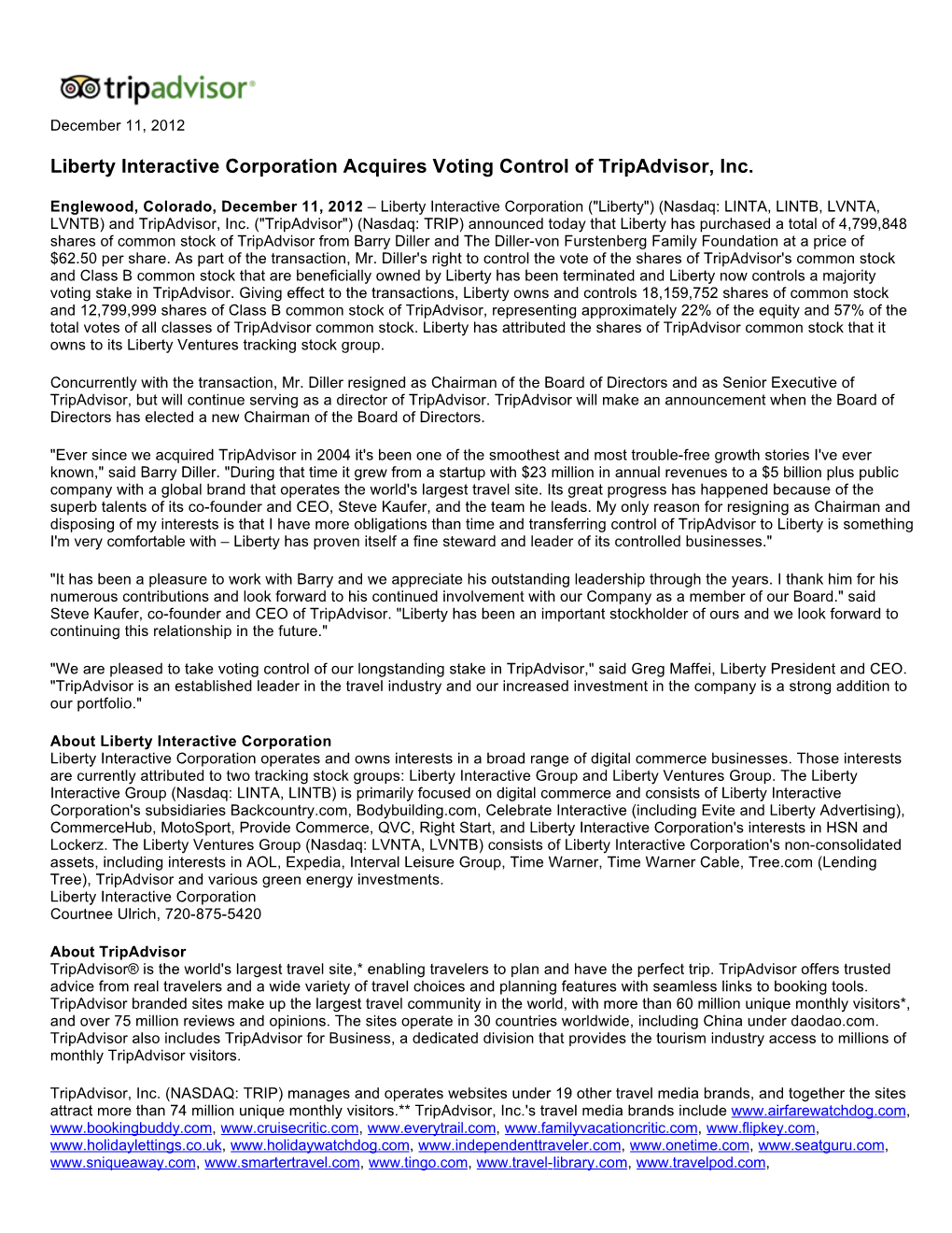 Liberty Interactive Corporation Acquires Voting Control of Tripadvisor, Inc