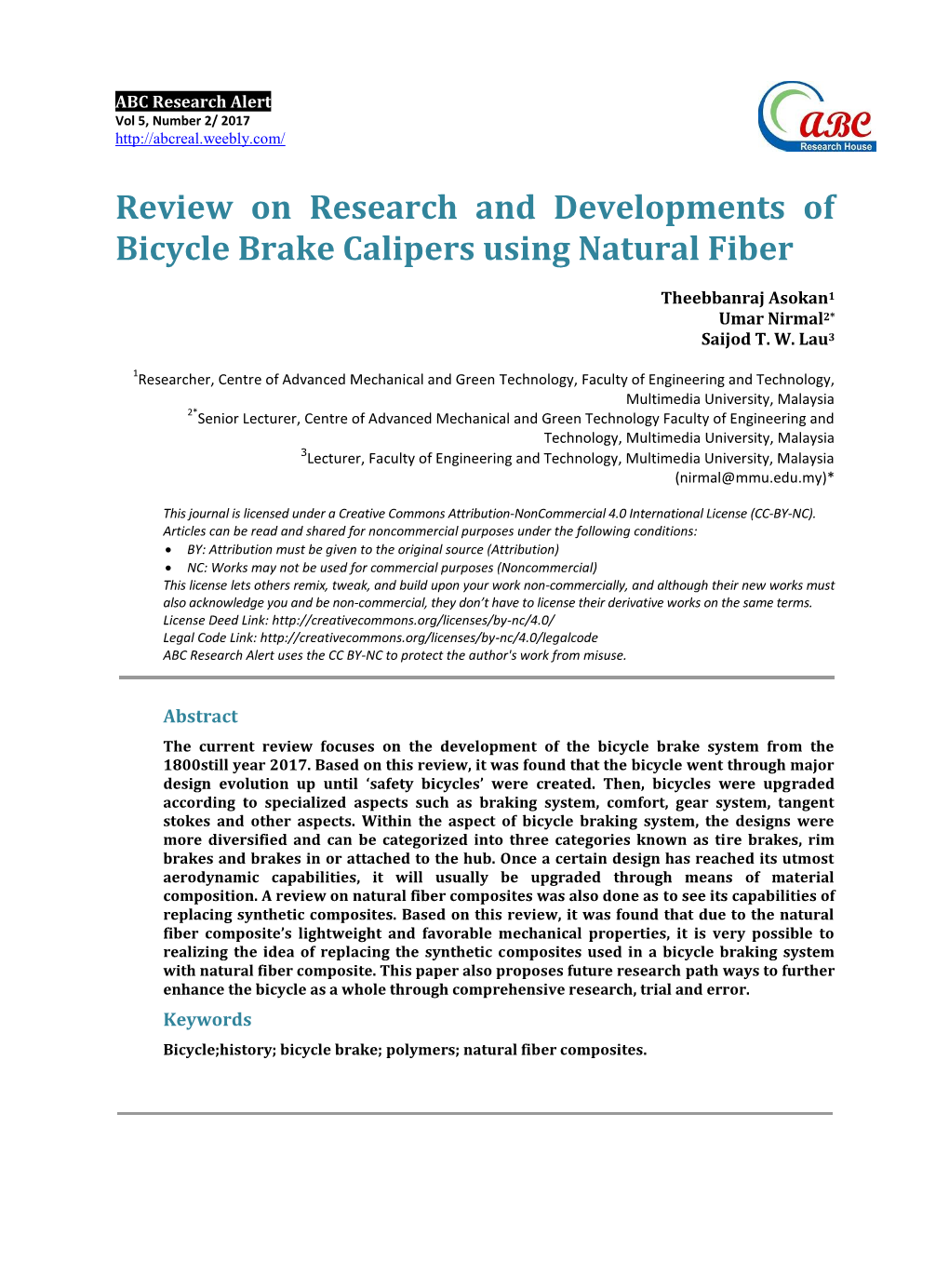 Review on Research and Developments of Bicycle Brake Calipers Using Natural Fiber