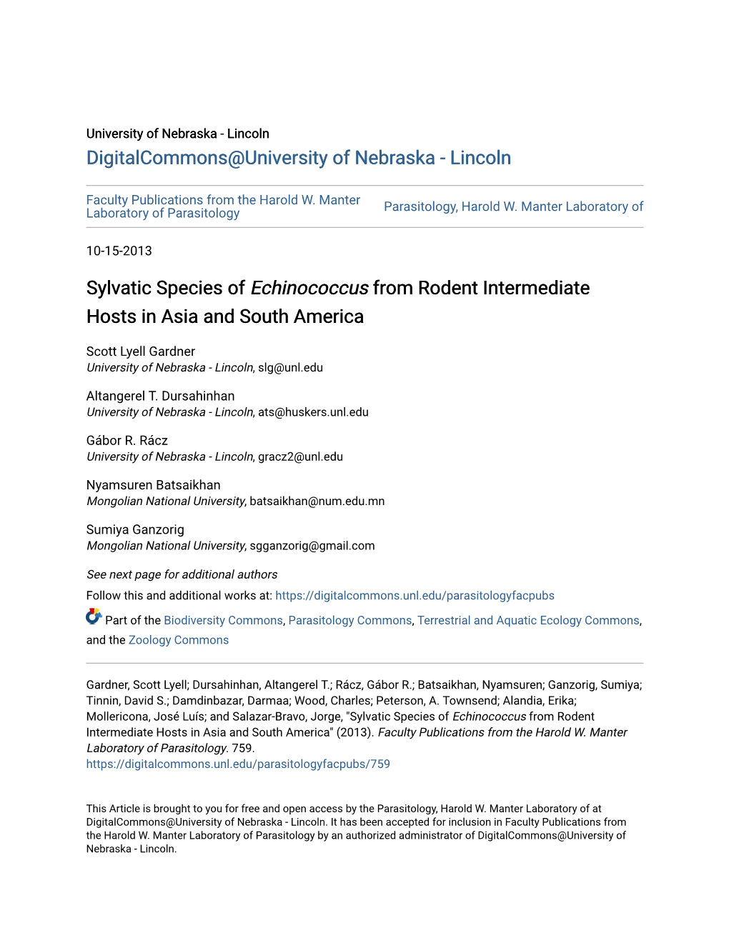 Sylvatic Species of <I>Echinococcus</I> from Rodent