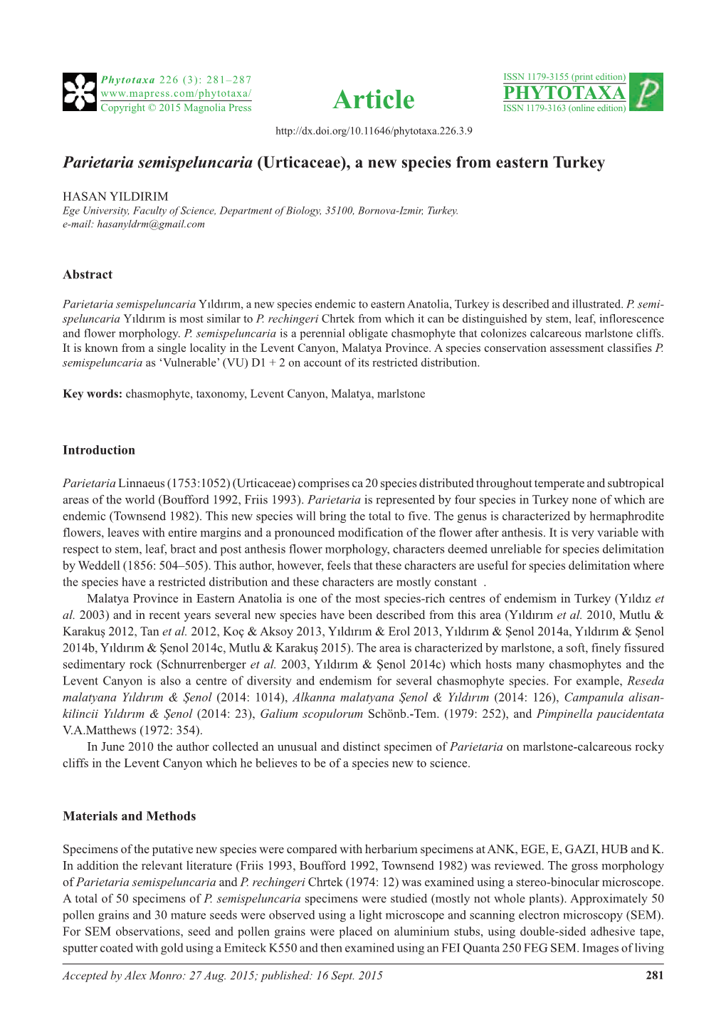 Parietaria Semispeluncaria (Urticaceae), a New Species from Eastern Turkey