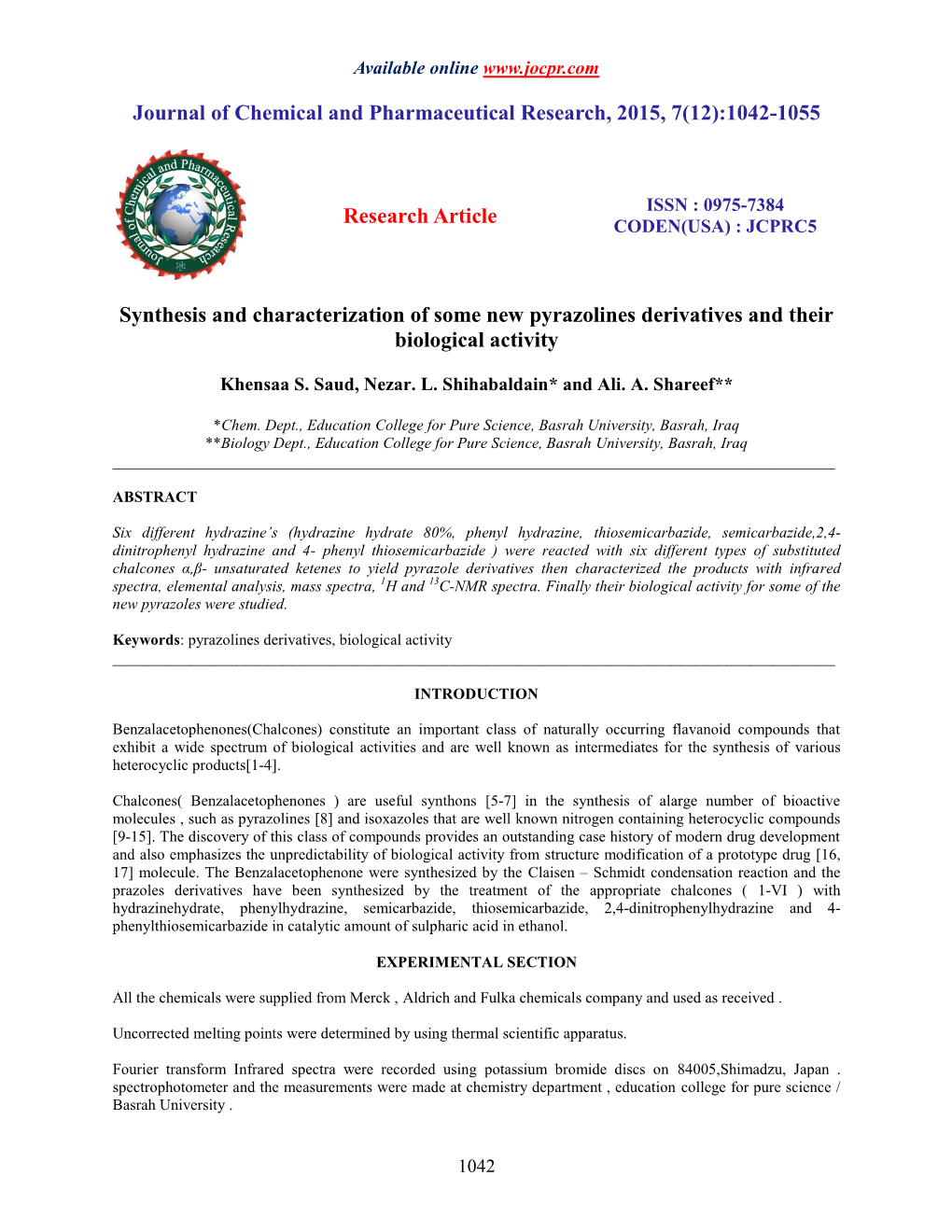 Synthesis and Characterization of Some New Pyrazolines Derivatives and Their Biological Activity