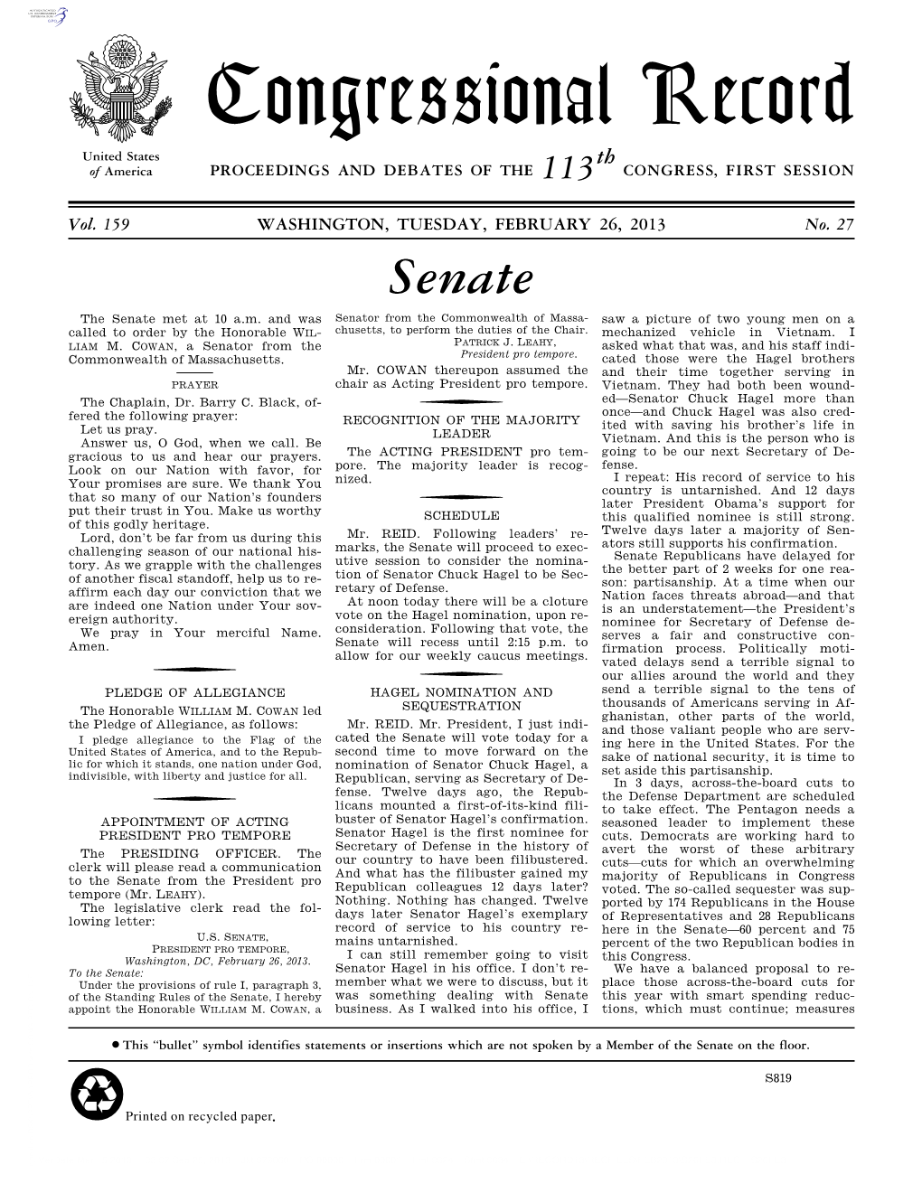 Congressional Record United States Th of America PROCEEDINGS and DEBATES of the 113 CONGRESS, FIRST SESSION