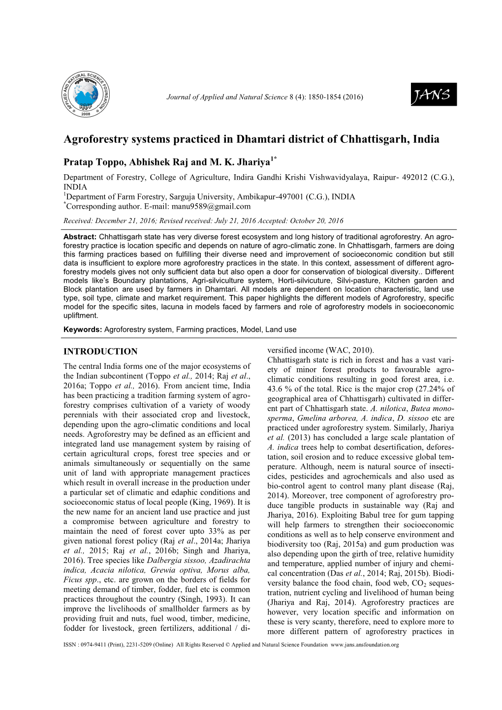 Agroforestry Systems Practiced in Dhamtari District of Chhattisgarh, India