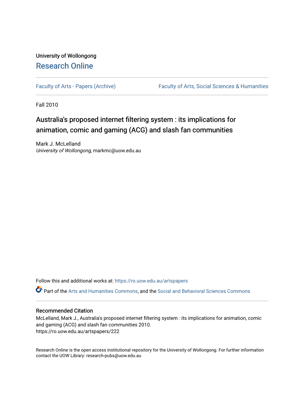 Australia's Proposed Internet Filtering System : Its Implications for Animation, Comic and Gaming (ACG) and Slash Fan Communities