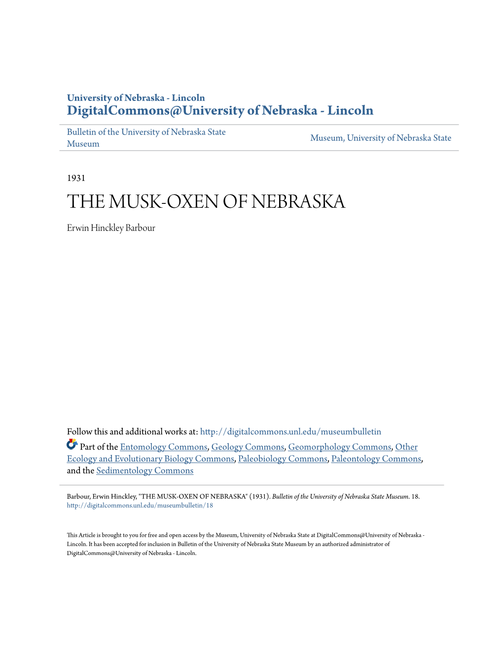 THE MUSK-OXEN of NEBRASKA Erwin Hinckley Barbour