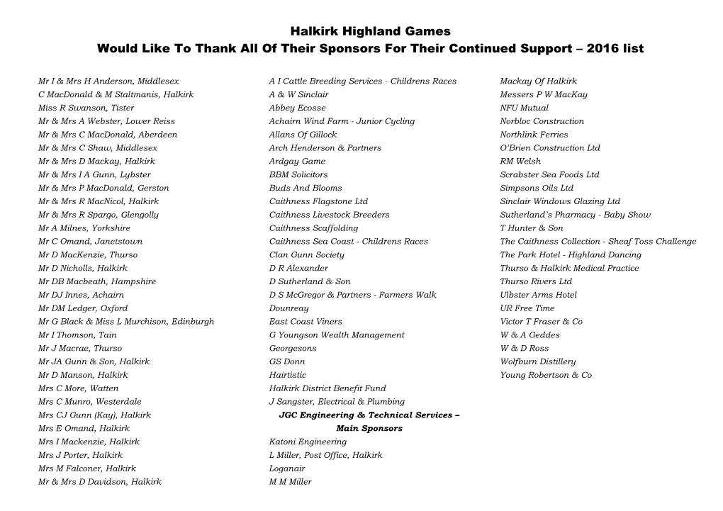 Halkirk Highland Games Would Like to Thank All of Their Sponsors for Their Continued Support – 2016 List