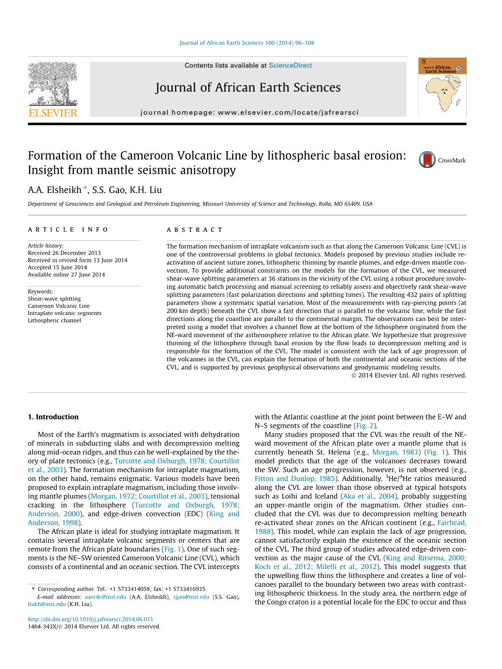 Formation of the Cameroon Volcanic Line by Lithospheric Basal Erosion: Insight from Mantle Seismic Anisotropy ⇑ A.A