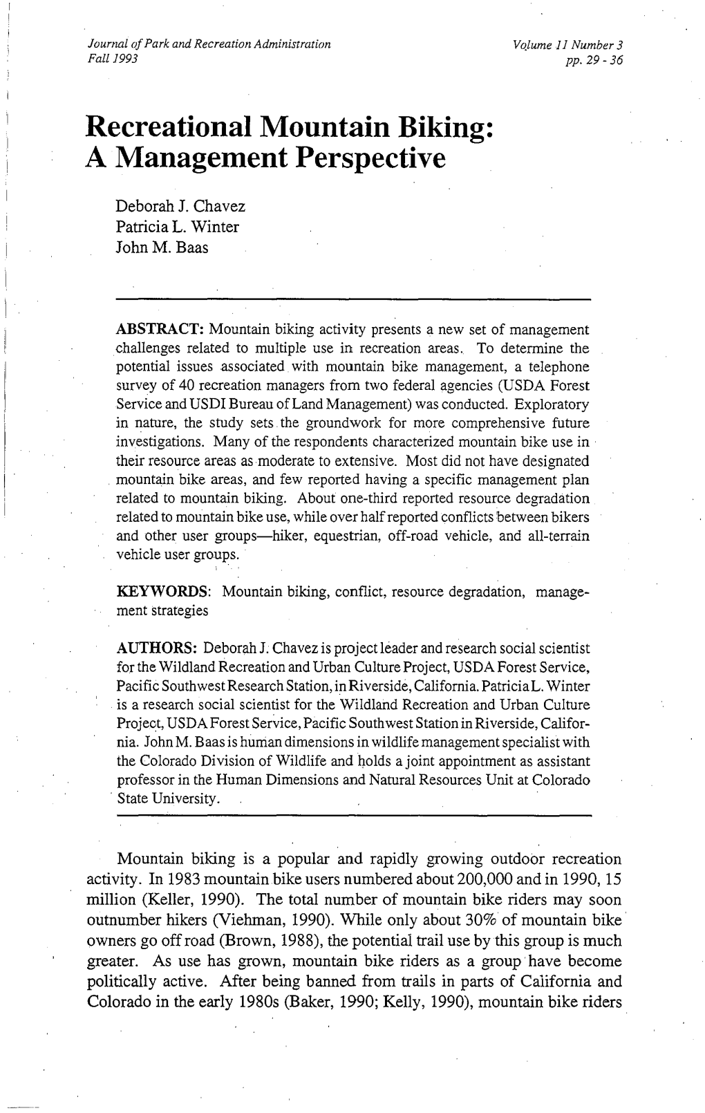 Recreational Mountain Biking: a Management Perspective