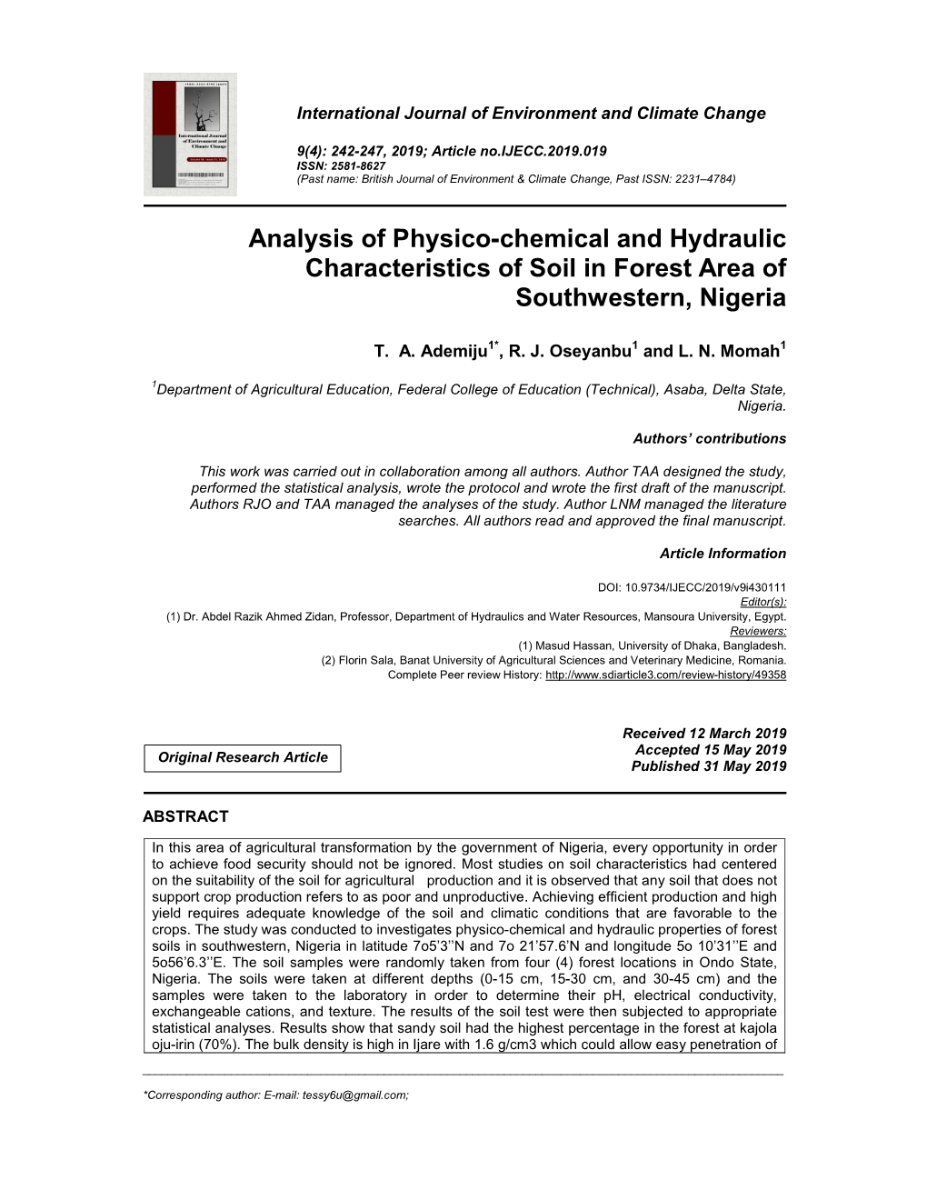 Analysis of Physico-Chemical and Hydraulic Characteristics of Soil in Forest Area of Southwestern, Nigeria