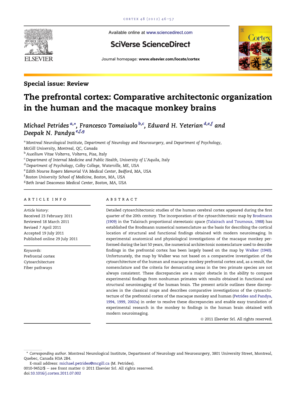 The Prefrontal Cortex: Comparative Architectonic Organization in the Human and the Macaque Monkey Brains