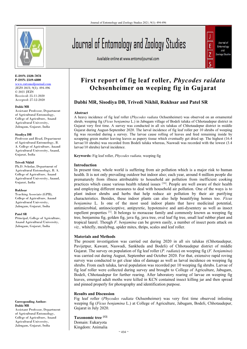 First Report of Fig Leaf Roller, Phycodes Raidata Ochsenheimer on Weeping