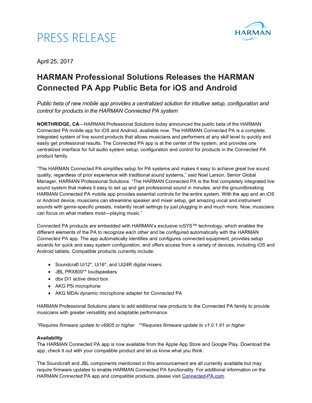 HARMAN Professional Solutions Releases the HARMAN Connected PA App Public Beta for Ios