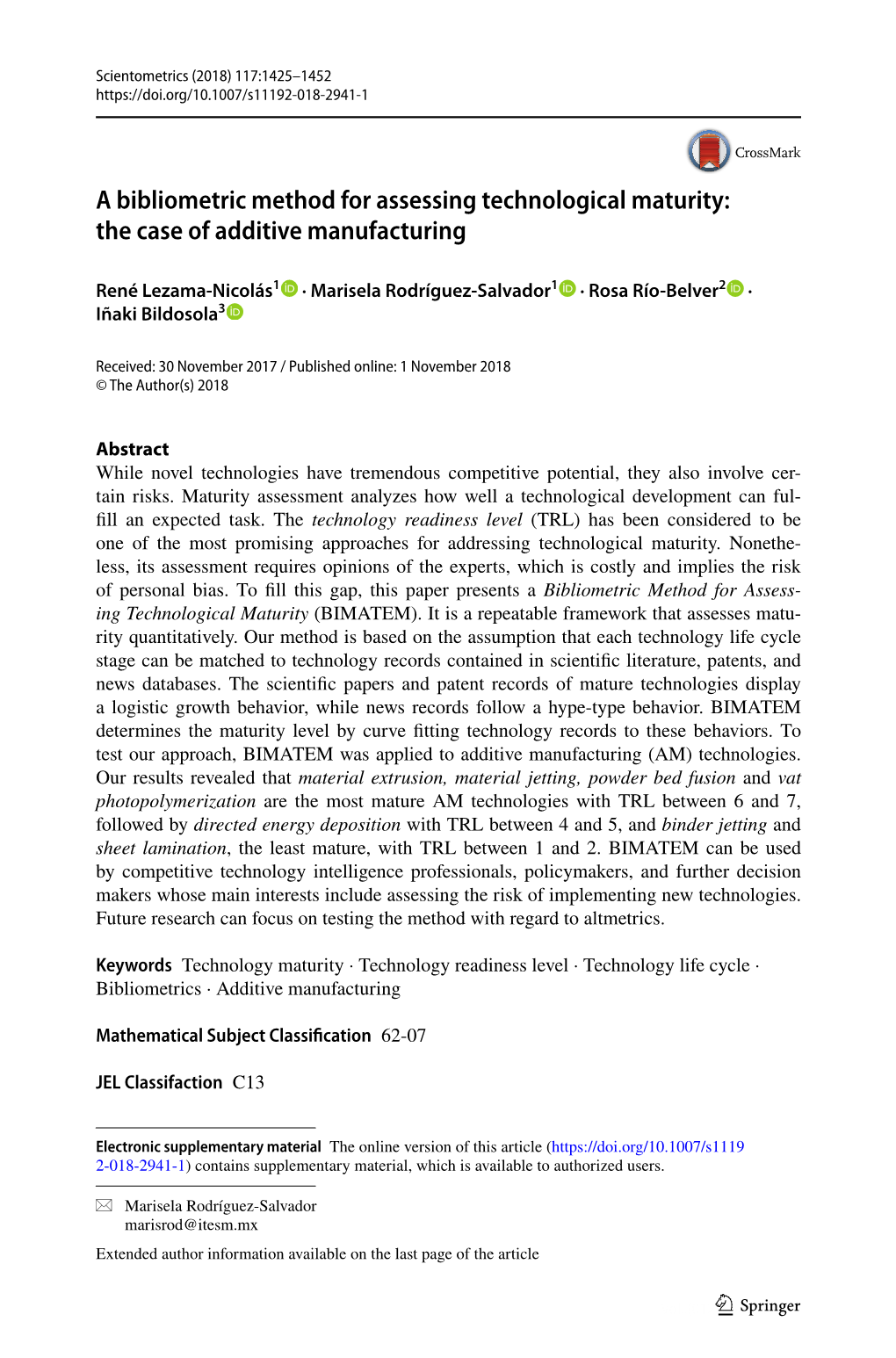 A Bibliometric Method for Assessing Technological Maturity: the Case of Additive Manufacturing