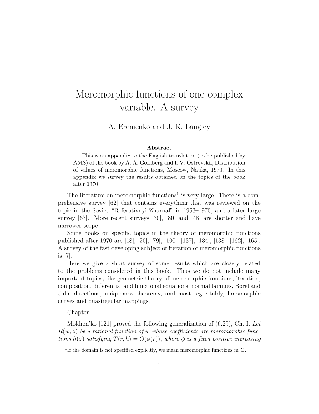 Meromorphic Functions of One Complex Variable. a Survey