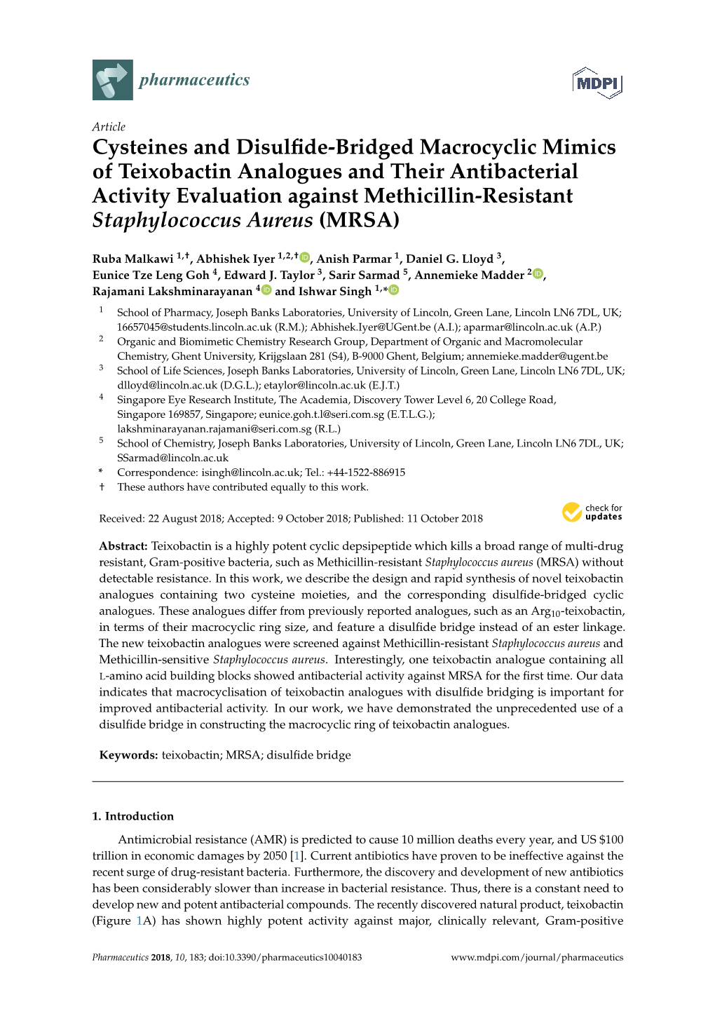 Cysteines and Disulfide-Bridged Macrocyclic Mimics of Teixobactin