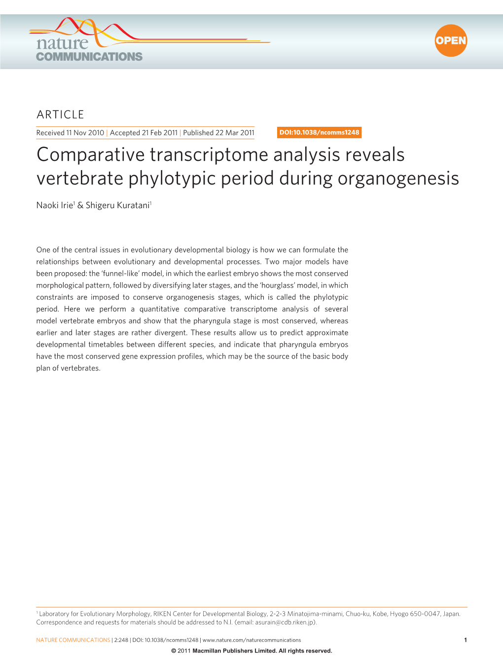 Comparative Transcriptome Analysis Reveals Vertebrate Phylotypic Period During Organogenesis