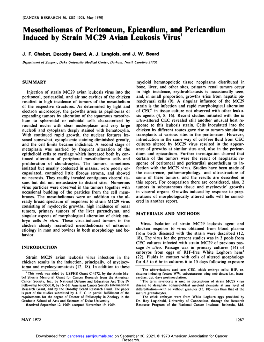 Mesotheliomas of Peritoneum, Epicardium, and Pericardium Induced by Strain MC29 Avian Leukosis Virus1