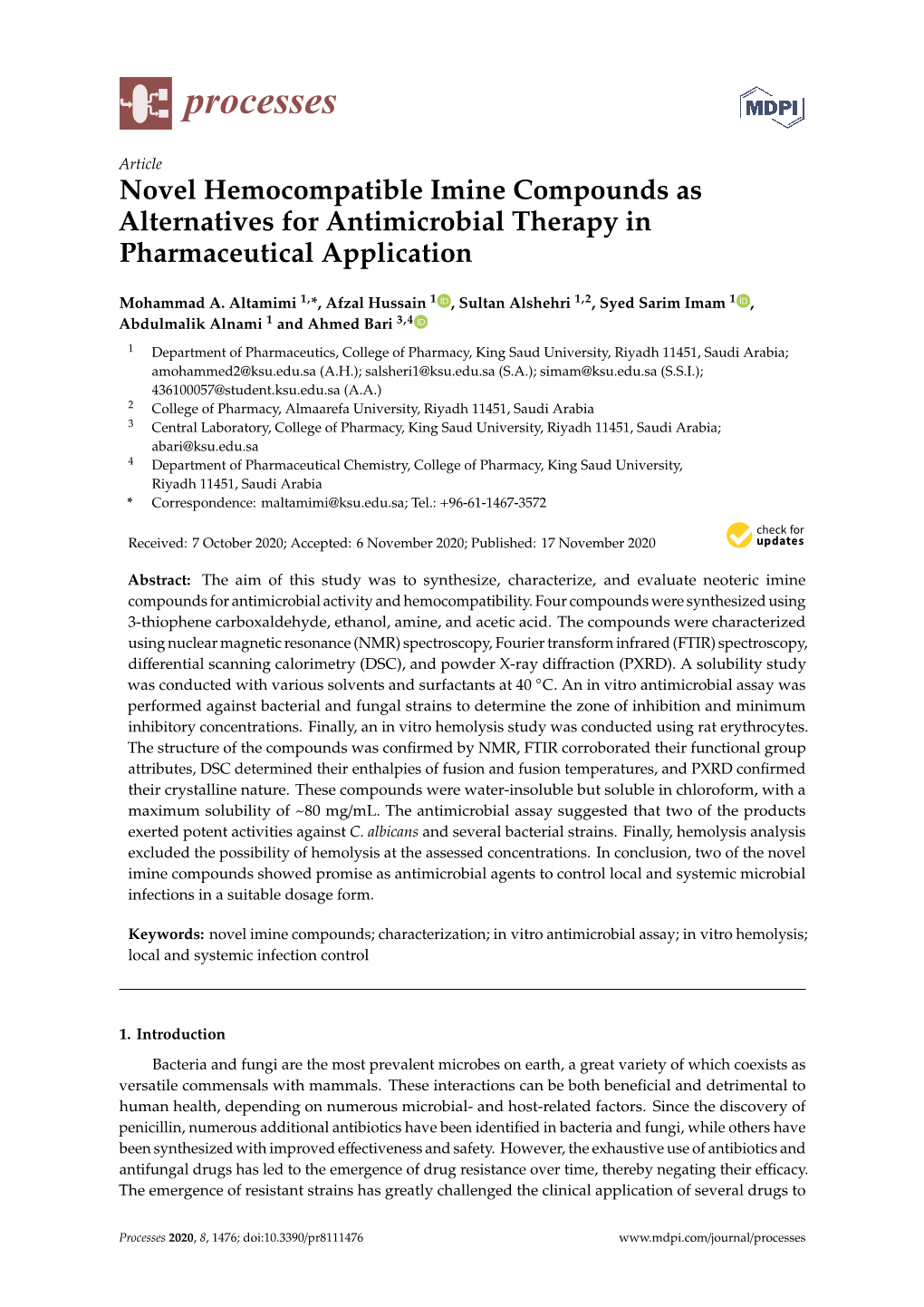 Novel Hemocompatible Imine Compounds As Alternatives for Antimicrobial Therapy in Pharmaceutical Application