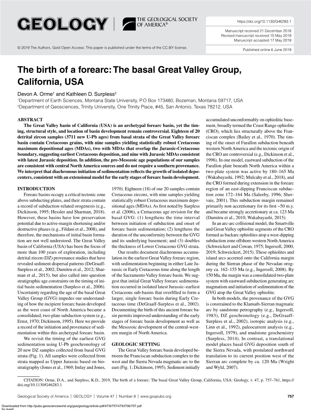 The Birth of a Forearc: the Basal Great Valley Group, California, USA Devon A