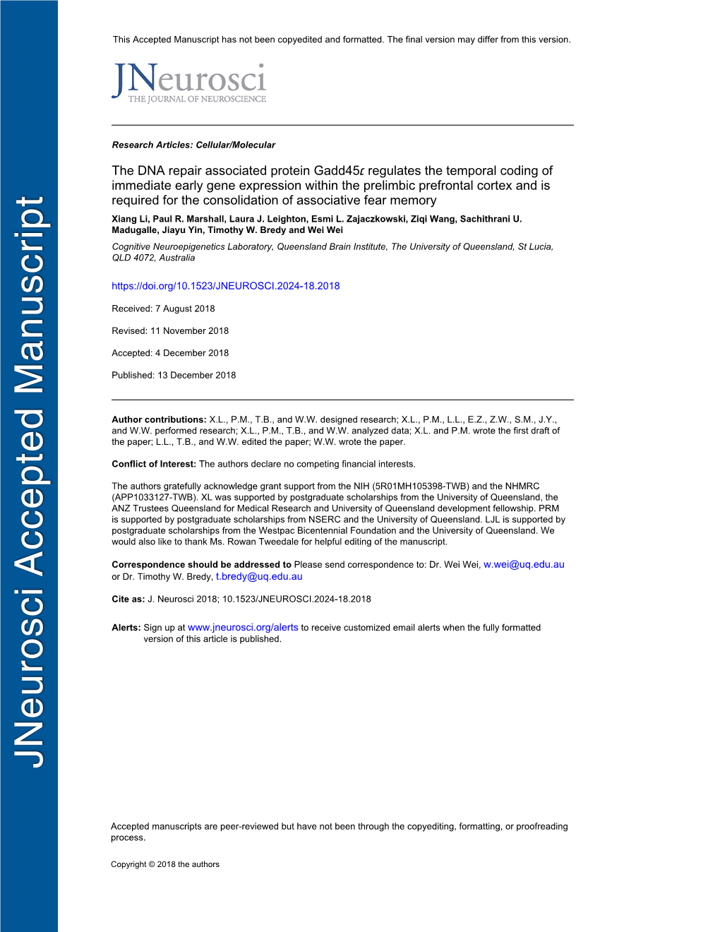 The DNA Repair Associated Protein Gadd45׆ Regulates the Temporal