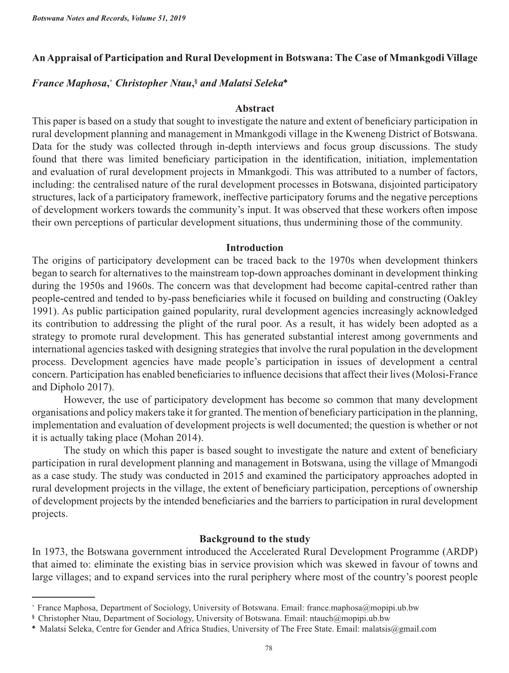 An Appraisal of Participation and Rural Development in Botswana: the Case of Mmankgodi Village