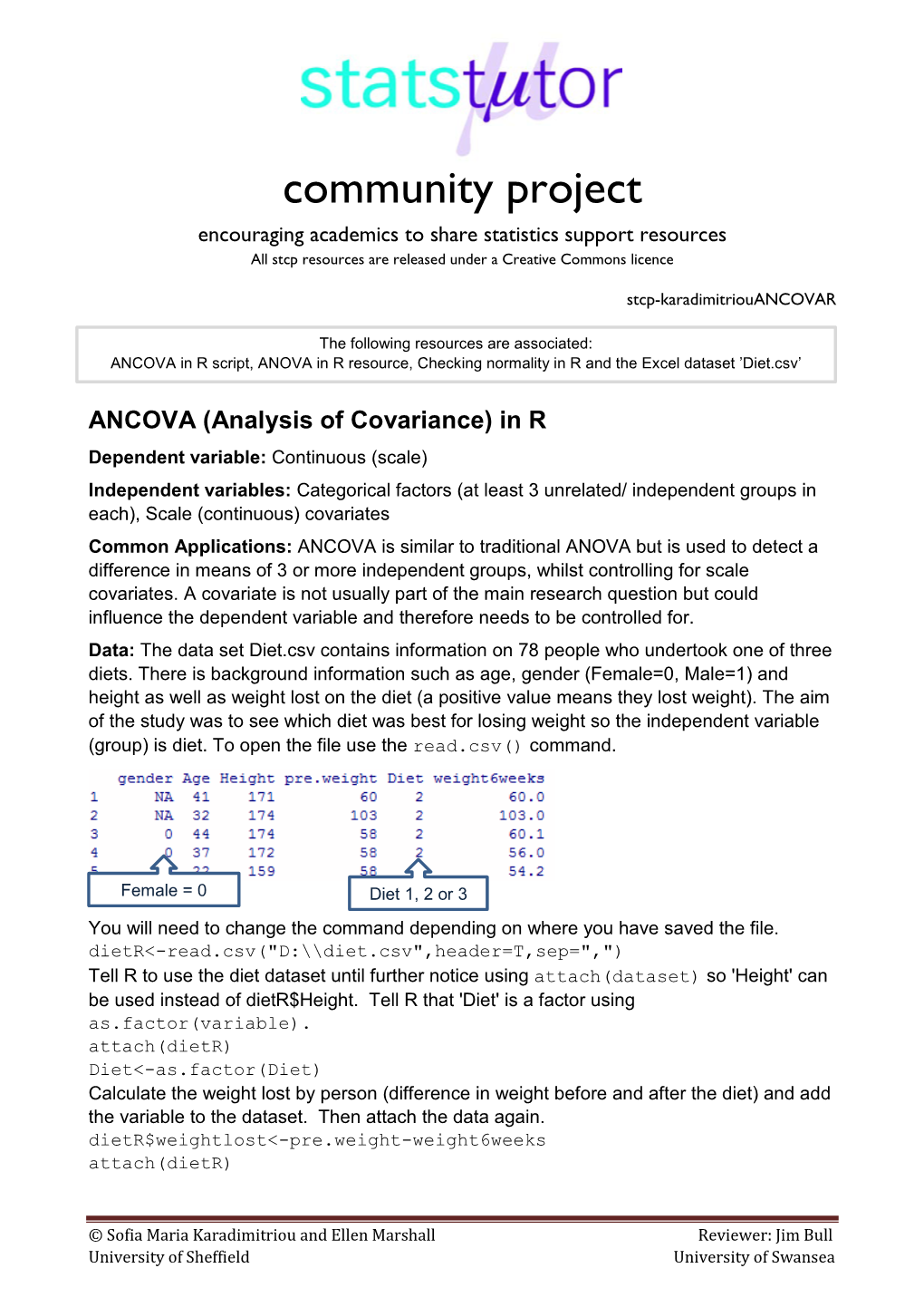 ANCOVA in R Script, ANOVA in R Resource, Checking Normality in R and the Excel Dataset ’Diet.Csv’