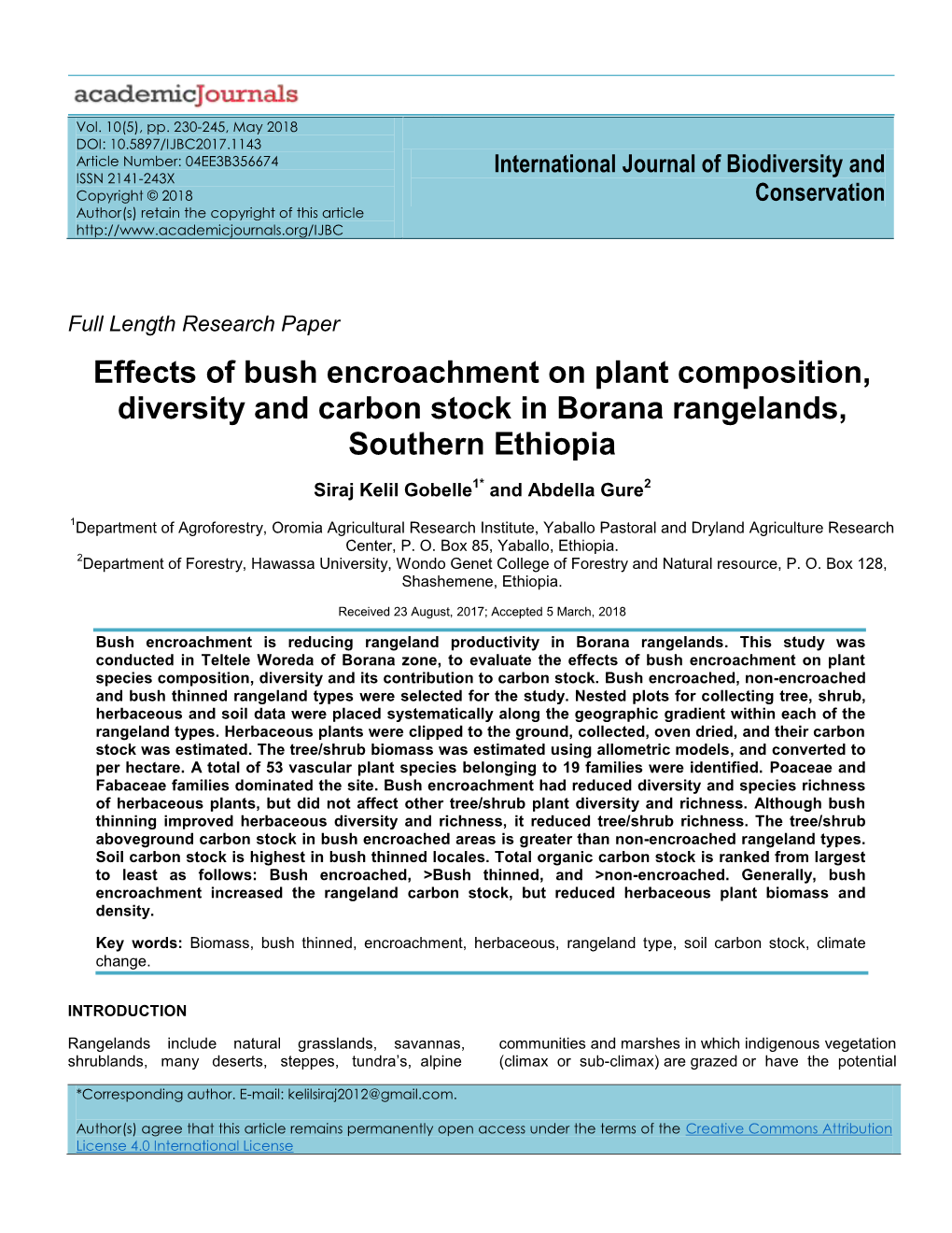 Effects of Bush Encroachment on Plant Composition, Diversity and Carbon Stock in Borana Rangelands, Southern Ethiopia