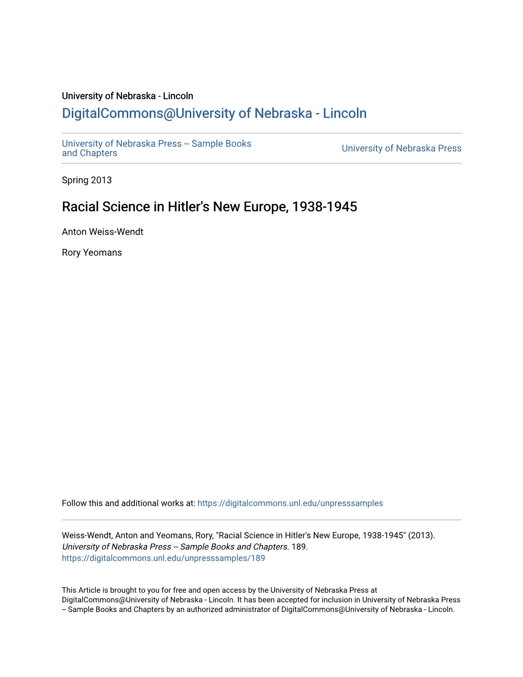 Racial Science in Hitler's New Europe, 1938-1945