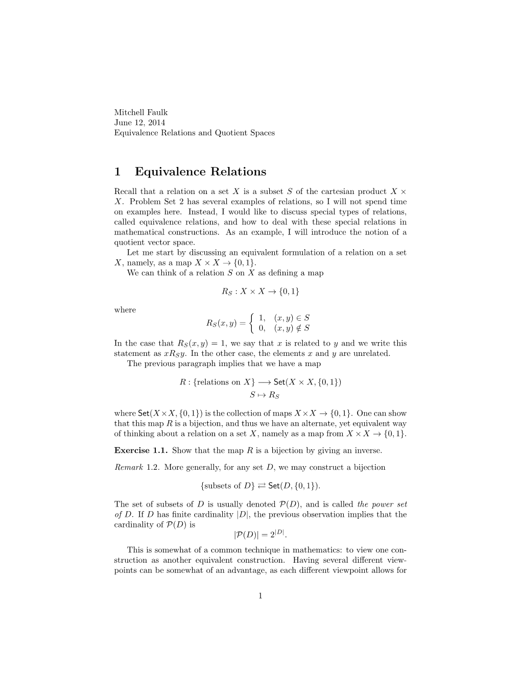 1 Equivalence Relations