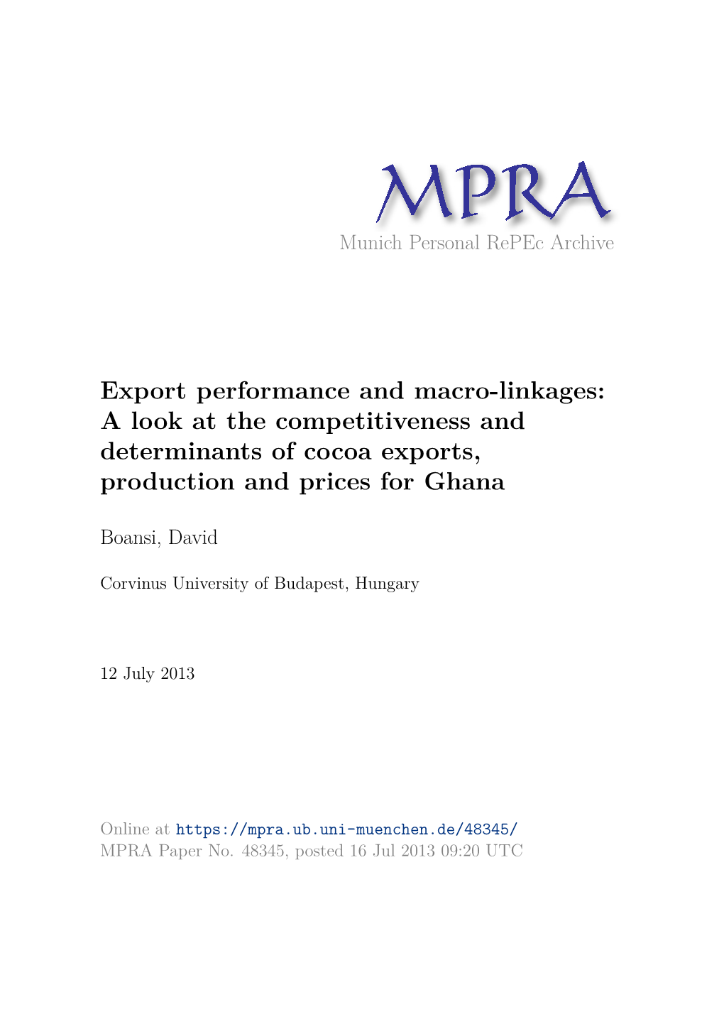 A Look at the Competitiveness and Determinants of Cocoa Exports, Production and Prices for Ghana