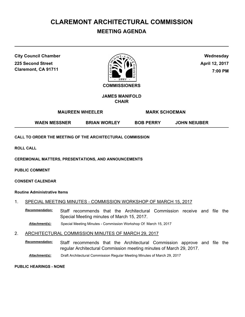 Claremont Architectural Commission Meeting Agenda