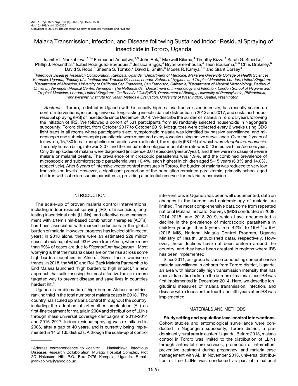 Malaria Transmission, Infection, and Disease Following Sustained Indoor Residual Spraying of Insecticide in Tororo, Uganda