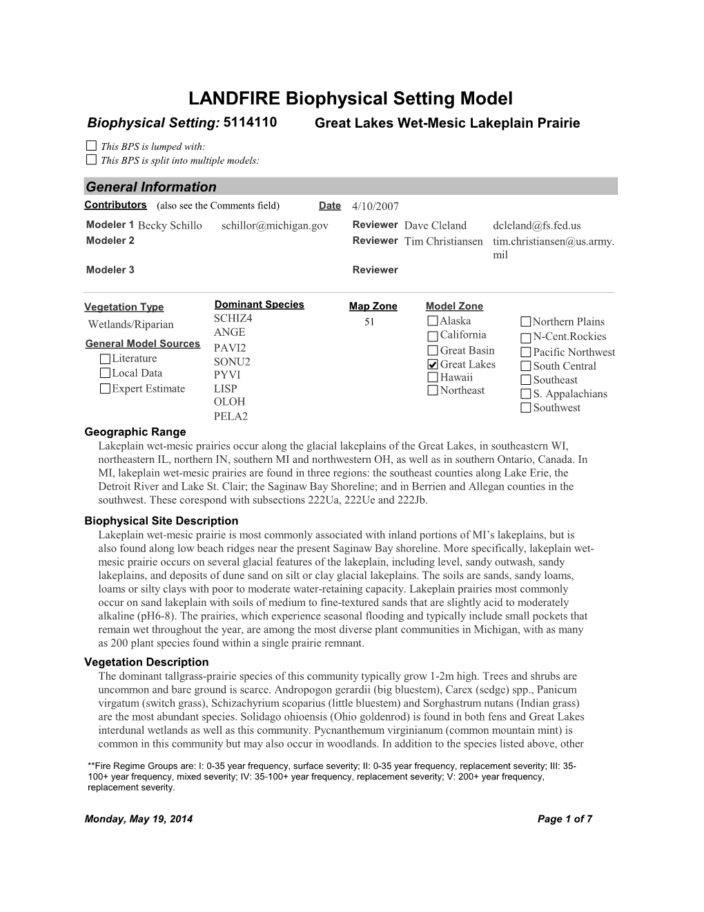 LANDFIRE Biophysical Setting Model Biophysical Setting: 5114110 Great Lakes Wet-Mesic Lakeplain Prairie