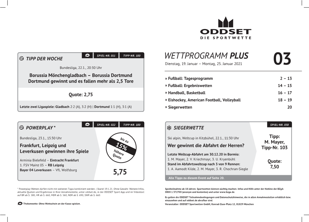 WETTPROGRAMM PLUS Dienstag, 19