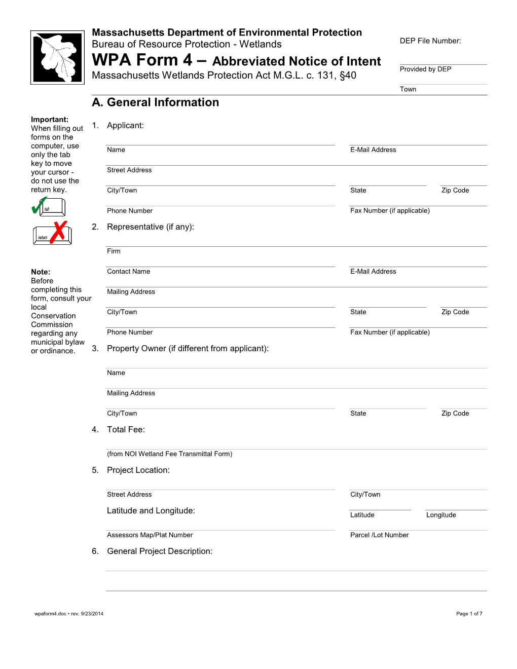 Abbreviated Notice of Intent Provided by DEP Massachusetts Wetlands Protection Act M.G.L