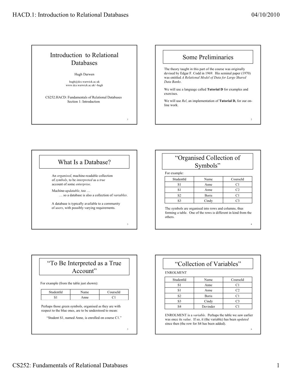 Introduction to Relational Databases Some Preliminaries What Is a Database? “Organised Collection of Symbols” “To Be Inter