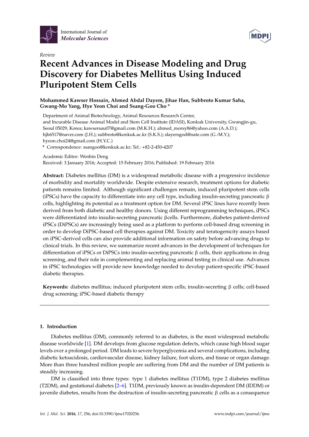 Recent Advances in Disease Modeling and Drug Discovery for Diabetes Mellitus Using Induced Pluripotent Stem Cells